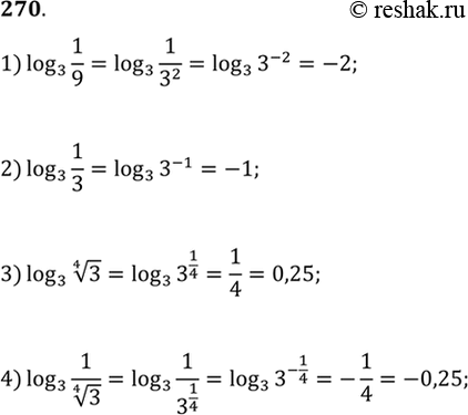 Решение задачи: 270. 1)log3(1/9); 2)log3(1/3); 3)log3(корень 4 степени 3); 4)log3(1/корень 4 степени 3).
