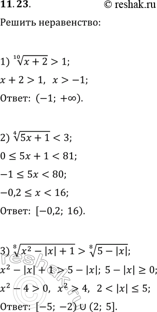 Решение задачи: 11.23. Решите неравенство: 1) (x+2)^(1/10) > 1; 2) (5x+1)^(1/4) 3) (x^2-|x|+1)^(1/8) > (5-|x|)^(1/8). *Цитирирование задания со ссылкой на учебник производится исключительно в учебных целях для лучшего понимания разбора решения задания.