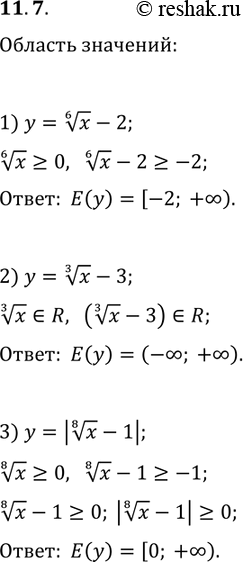 Решение задачи: 11.7. Найдите область значений функции: 1) y=x^(1/6)-2; 2) y=x^(1/3)-3; 3) y=|x^(1/8)-1|. *Цитирирование задания со ссылкой на учебник производится исключительно в учебных целях для лучшего понимания разбора решения задания.