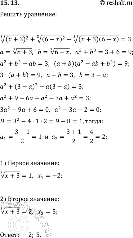 Решение задачи: 15.13. Решите уравнение (x+3)^(2/3)+(6-x)^(2/3)-((x+3)(6-x))^(1/3)=3. *Цитирирование задания со ссылкой на учебник производится исключительно в учебных целях для лучшего понимания разбора решения задания.