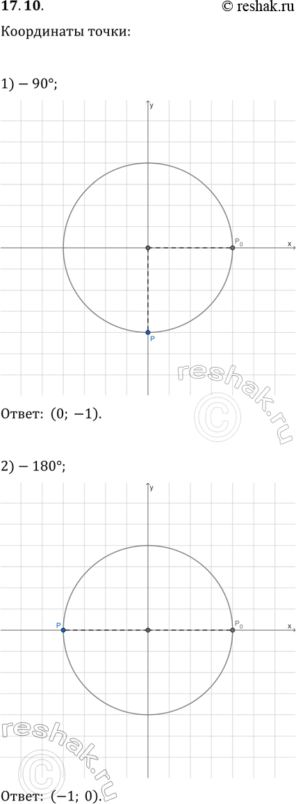 Решение задачи: 17.10. Найдите координаты точки единичной окружности, полученной при повороте точки Р_0(1; 0) на угол: 1) -90°; 3) 5?/2; 5) 450°; 2) -180°;