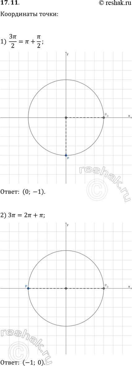 Решение задачи: 17.11. Какие координаты имеет точка единичной окружности, полученная при повороте точки Р_0(1; 0) на угол: 1) 3?/2; 2) 3?; 3) -?/2;