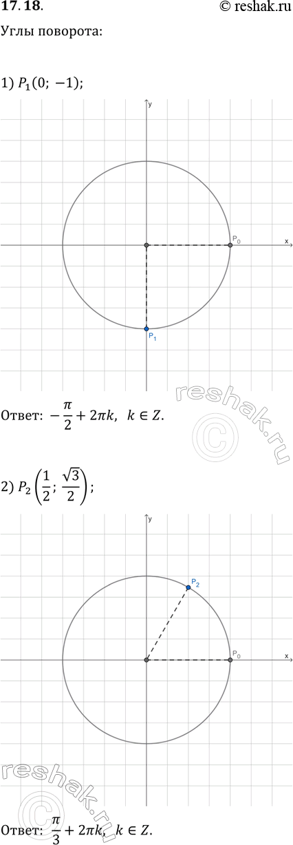 Решение задачи: 17.18. Найдите все углы, на которые нужно повернуть точку Р_0(1; 0), чтобы получить точку: 1) P_1(0; -1); 2) P_2(1/2; v3/2); 3) P_3(-v2/2;