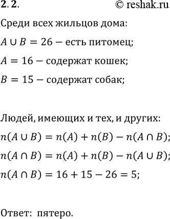Решение задачи: 2.2. Известно, что 26 жильцов дома содержат кошек и собак, у 16 из них есть кошки, а у 15 — собаки.