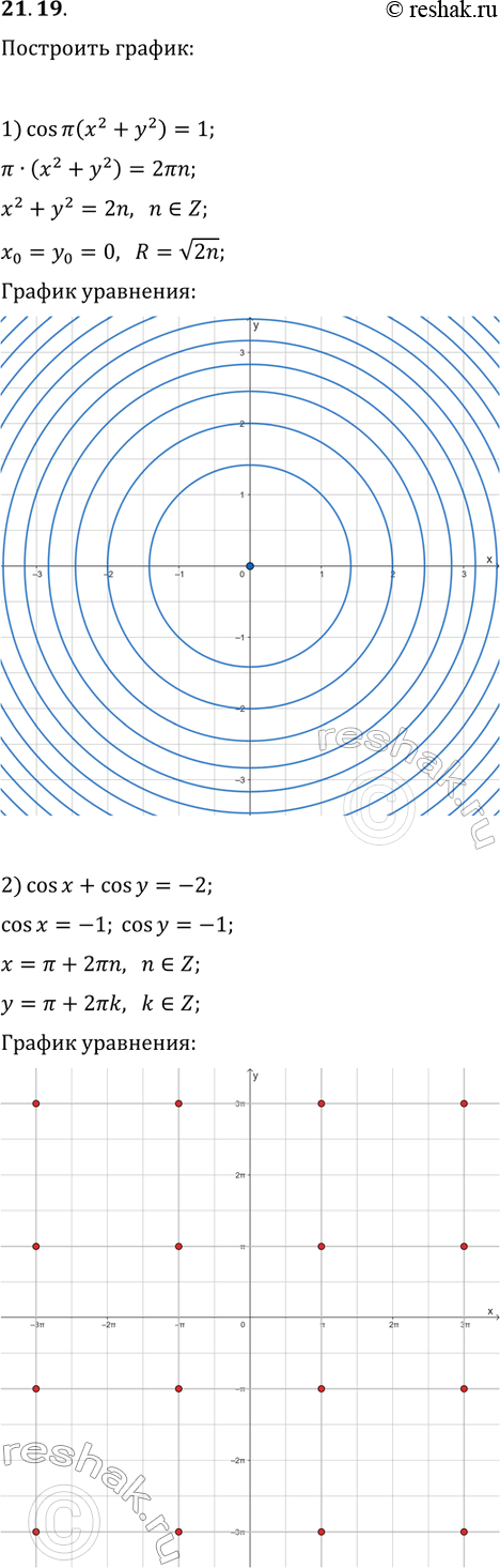 Решение задачи: 21.19. Постройте график уравнения: 1) cos(?(x^2+y^2))=1; 2) cos(x)+cos(y)=-2. *Цитирирование задания со ссылкой на учебник производится исключительно в учебных целях для лучшего понимания разбора решения задания.