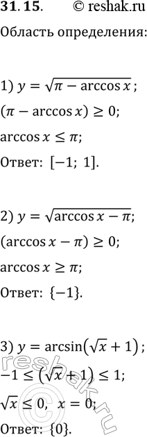 Решение задачи: 31.15. Найдите область определения функции: 1) y=v(?-arccos(x)); 2) y=v(arccos(x)-?); 3) y=arcsin(vx+1). *Цитирирование задания со ссылкой на учебник производится исключительно в учебных целях для лучшего понимания разбора решения задания.