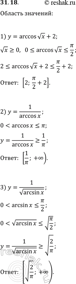 Решение задачи: 31.18. Найдите область значений функции: 1) y=arccosvx+2; 2) y=1/arccos(x); 3) y=1/varcsin(x). *Цитирирование задания со ссылкой на учебник производится исключительно в учебных целях для лучшего понимания разбора решения задания.