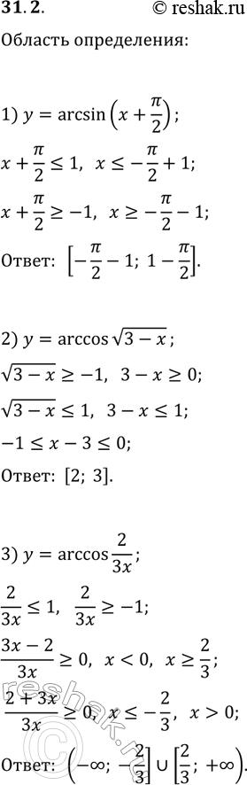 Решение задачи: 31.2. Найдите область определения функции: 1) y=arcsin(x+?/2); 2) y=arccos(v(3-x)); 3) y=arccos(2/(3x)). *Цитирирование задания со ссылкой на учебник производится исключительно в учебных целях для лучшего понимания разбора решения задания.