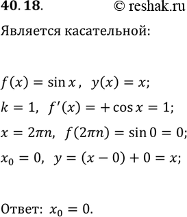 Решение задачи: 40.18. Определите, является ли прямая y=x касательной к графику функции y=sin(x). В случае утвердительного ответа укажите абсциссу точки касания. *Цитирирование задания со ссылкой на учебник производится исключительно в учебных целях для лучшего понимания разбора решения задания.