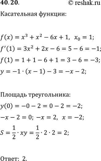 Решение задачи: 40.20. Вычислите площадь треугольника, образованного осями координат и касательной к графику функции f(x)=x^3+x^2-6x+1 в точке с абсциссой x_0=1. *Цитирирование задания со ссылкой на учебник производится исключительно в учебных целях для лучшего понимания разбора решения задания.