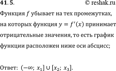 Решение задачи: 41.5. На рисунке 41.11 изображён график производной функции f, дифференцируемой на R. Укажите промежутки убывания функции f. *Цитирирование задания со ссылкой на учебник производится исключительно в учебных целях для лучшего понимания разбора решения задания.