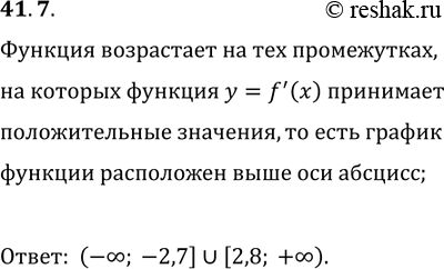 Решение задачи: 41.7. На рисунке 41.14 изображён график производной функции f, дифференцируемой на R. Укажите промежутки возрастания функции f. *Цитирирование задания со ссылкой на учебник производится исключительно в учебных целях для лучшего понимания разбора решения задания.