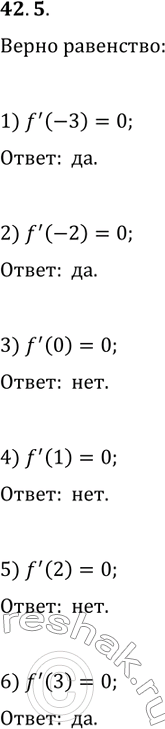Решение задачи: 42.5. На рисунке 42.21 изображён график функции y=f(x), определённой на множестве действительных чисел. Верно ли равенство: 1) ftask(-3)=0; 3) ftask(0)=0; 5) ftask(2)=0;