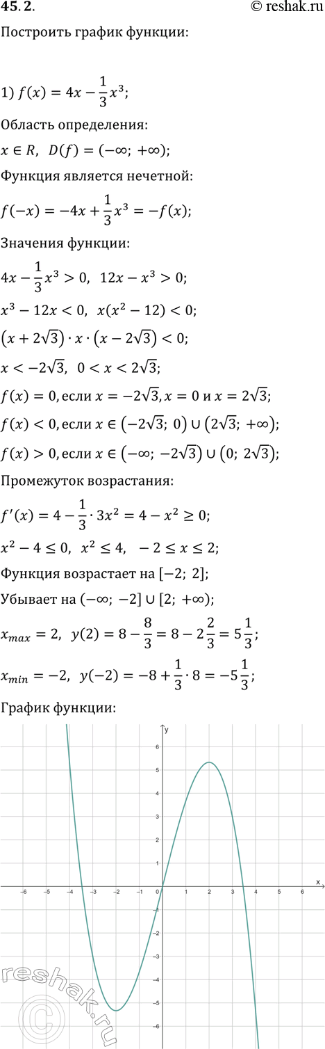 Решение задачи: 45.2. Исследуйте данную функцию и постройте её график: 1) f(x)=4x-1/3 x^3; 3) f(x)=x^4/2-4x^2; 2) f(x)=x-x^3; 4) f(x)=8x^2-7-x^4. *Цитирирование задания со ссылкой на учебник производится исключительно в учебных целях для лучшего понимания разбора решения задания.