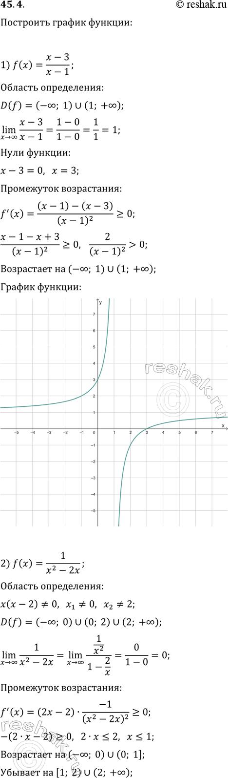 Решение задачи: 45.4. Постройте график функции: 1) f(x)=(x-3)/(x-1); 3) f(x)=(1+x^2)/(1-x^2); 5) f(x)=3x/(x^2-9); 2) f(x)=1/(x^2-2x); 4) f(x)=1/(x^2+1); 6) f(x)=2x/(x+1)^2. *Цитирирование задания со ссылкой на учебник производится исключительно в учебных целях для лучшего понимания разбора решения задания.