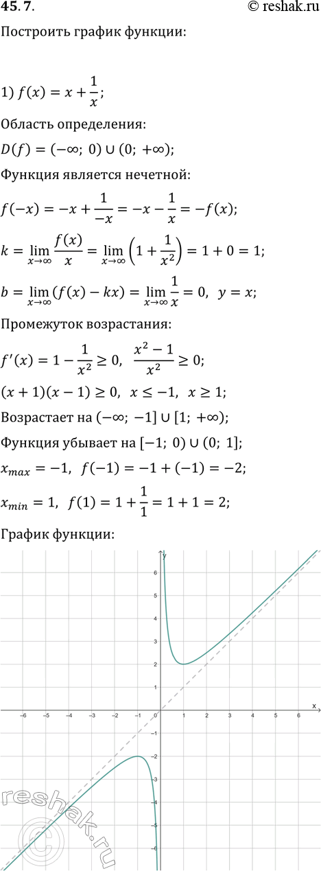 Решение задачи: 45.7. Постройте график функции: 1) f(x)=x+1/x; 3) f(x)=x^3/(x^2-4); 2) f(x)=(x^2+3x)/(x-1); 4) f(x)=(x^4-8)/(x+1)^4. *Цитирирование задания со ссылкой на учебник производится исключительно в учебных целях для лучшего понимания разбора решения задания.