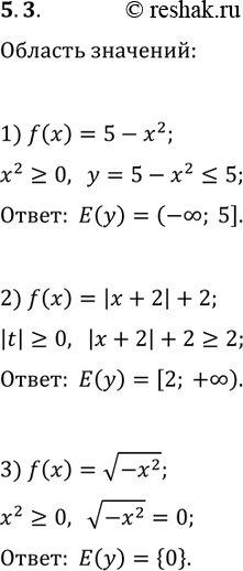 Решение задачи: 5.3. Найдите область значений функции: 1) f(x)=5-x^2; 2) f(x)=|x+2|+2; 3) f(x)=v(-x^2). *Цитирирование задания со ссылкой на учебник производится исключительно в учебных целях для лучшего понимания разбора решения задания.