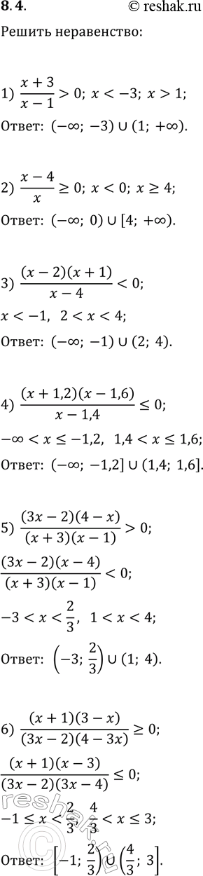 Решение задачи: 8.4. Найдите множество решений неравенства: 1) (x+3)/(x-1) &gt; 0; 3) (x-2)(x+1)/(x-4) 0; 2) (x-4)/x?0; 4) (x+1,2)(x-1,6)/(x-1,4)?0; 6) (x+1)(3-x)/((3x-2)(4-3x))?0. *Цитирирование задания со ссылкой на учебник производится исключительно в учебных целях для лучшего понимания разбора решения задания.