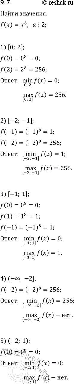 Решение задачи: 9.7. Найдите наибольшее и наименьшее значения функции f(x)=x^8 на промежутке: 1) [0; 2]; 2) [-2; -1]; 3) [-1; 1]; 4) (-?;