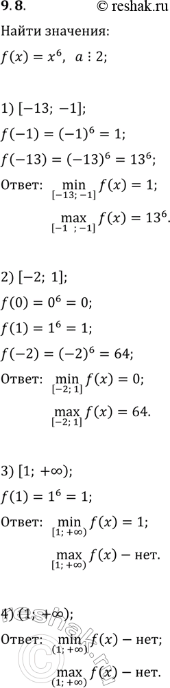 Решение задачи: 9.8. Найдите наибольшее и наименьшее значения функции f(x)=x^6 на промежутке: 1) [-13; -1]; 2) [-2; 1]; 3) [1; +?); 4) (1;
