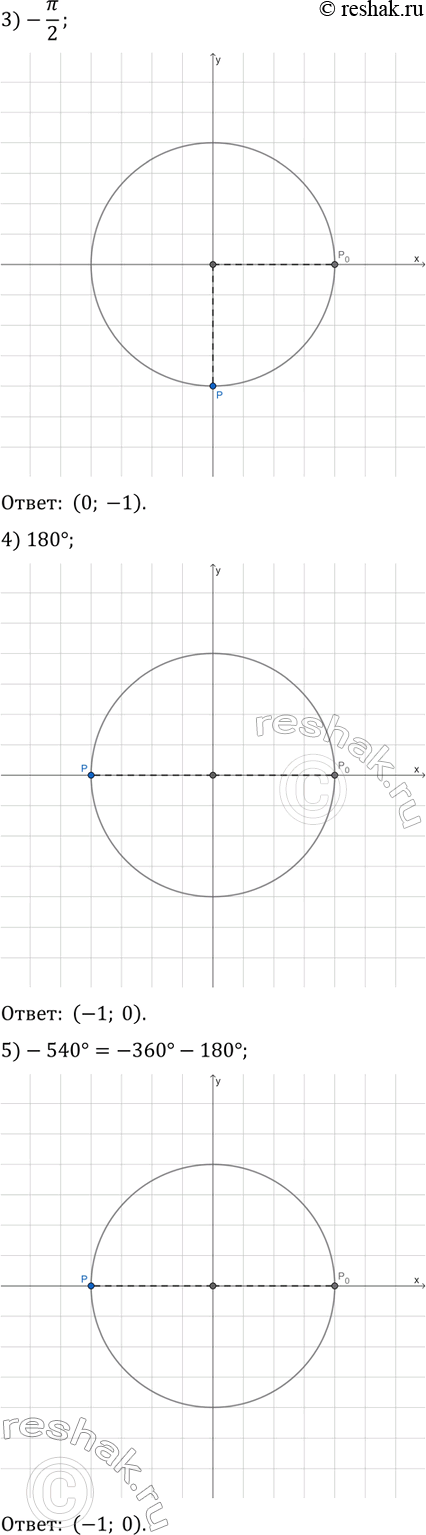 Решение задачи: 17.11. Какие координаты имеет точка единичной окружности, полученная при повороте точки Р_0(1; 0) на угол: 1) 3?/2; 2) 3?; 3) -?/2;