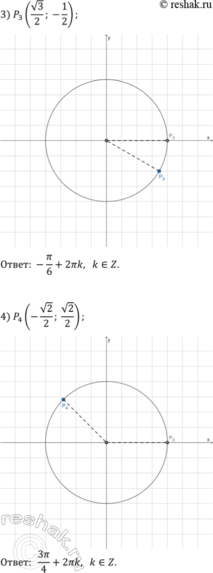 Решение задачи: 17.17. Найдите все углы, иа которые нужно повернуть точку Р_0(1; 0), чтобы получить точку: 1) P_1(0; 1); 2) P_2(-1; 0); 3) P_3(v3/2;