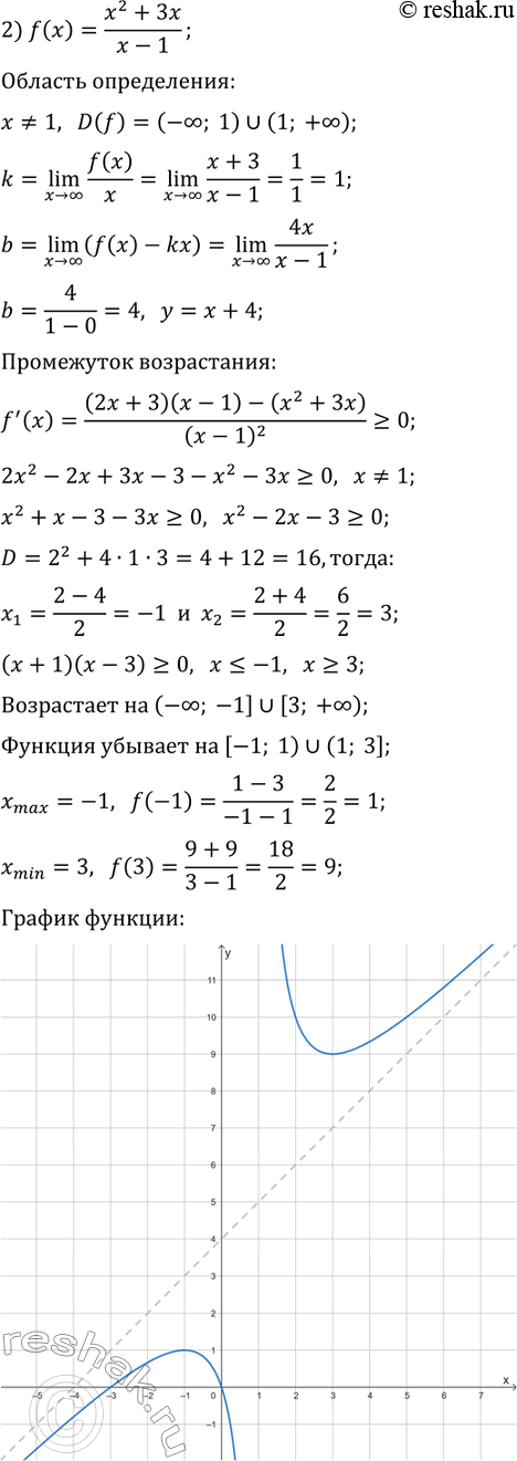 Решение задачи: 45.7. Постройте график функции: 1) f(x)=x+1/x; 3) f(x)=x^3/(x^2-4); 2) f(x)=(x^2+3x)/(x-1); 4) f(x)=(x^4-8)/(x+1)^4. *Цитирирование задания со ссылкой на учебник производится исключительно в учебных целях для лучшего понимания разбора решения задания.