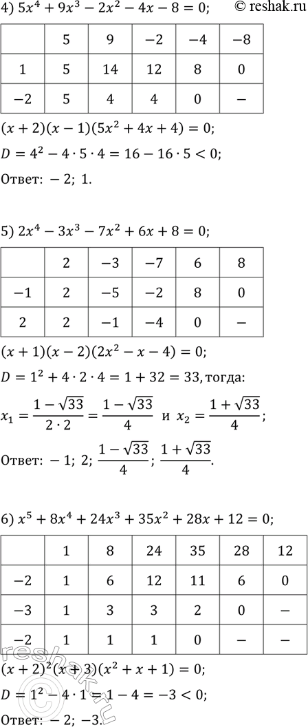 Решение задачи: 51.1. Решите уравнение: 1) x^3+9x^2+23x+15=0; 2) 2x^3-x^2-5x-2=0; 3) 3x^4+5x^3-x^2-5x-2=0; 4) 5x^4+9x^3-2x^2-4x-8=0; 5) 2x^4-3x^3-7x^2+6x+8=0; 6) x^5+8x^4+24x^3+35x^2+28x+12=0. *Цитирирование задания со ссылкой на учебник производится исключительно в учебных целях для лучшего понимания разбора решения задания.