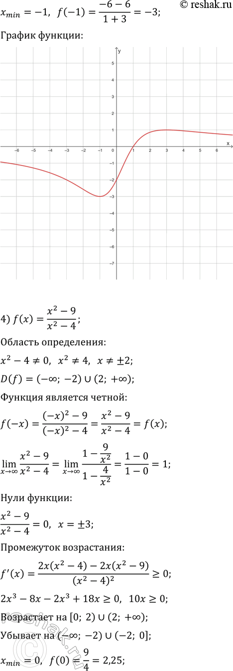 Решение задачи: 45.3. Постройте график функции: 1) f(x)=(4-x)/(x+2); 4) f(x)=(x^2-9)/(x^2-4); 7) f(x)=2(x-1)/x^2; 2) f(x)=2/(x^2-1); 5) f(x)=x/(4-x^2); 8) f(x)=(x^2+4)/(x^2-4). 3) f(x)=(6x-6)/(x^2+3); 6) f(x)=-2x/(x^2+1); *Цитирирование задания со ссылкой на учебник производится исключительно в учебных целях для лучшего понимания разбора решения задания.