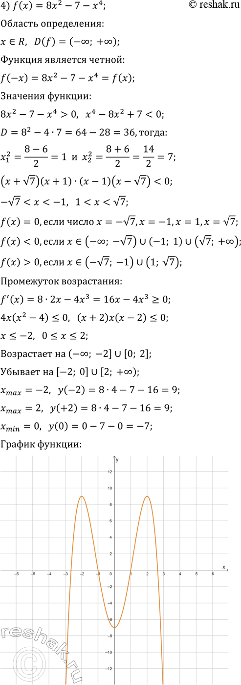 Решение задачи: 45.2. Исследуйте данную функцию и постройте её график: 1) f(x)=4x-1/3 x^3; 3) f(x)=x^4/2-4x^2; 2) f(x)=x-x^3; 4) f(x)=8x^2-7-x^4. *Цитирирование задания со ссылкой на учебник производится исключительно в учебных целях для лучшего понимания разбора решения задания.