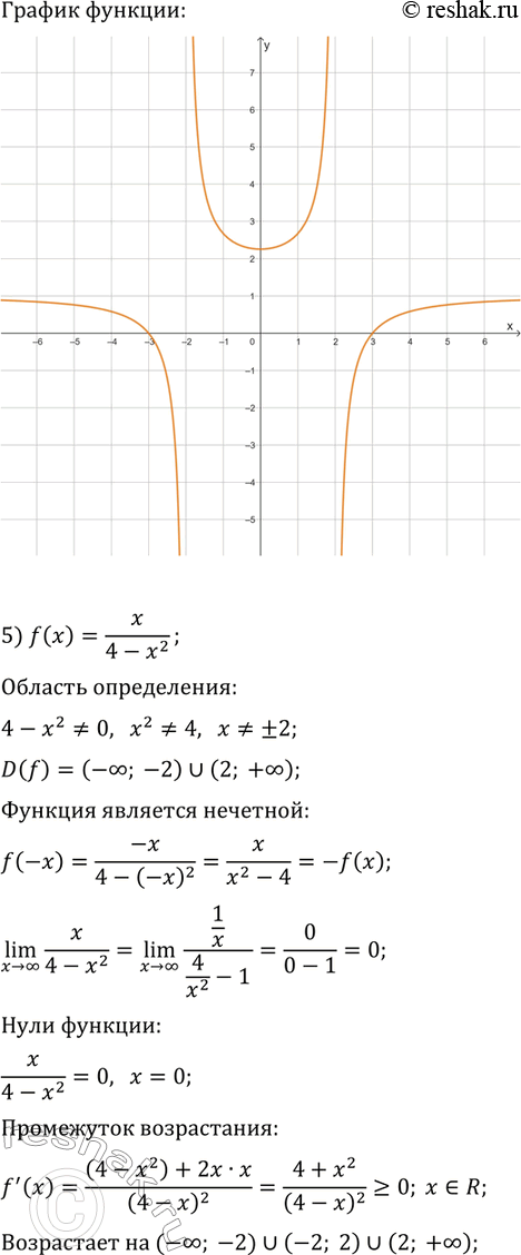 Решение задачи: 45.3. Постройте график функции: 1) f(x)=(4-x)/(x+2); 4) f(x)=(x^2-9)/(x^2-4); 7) f(x)=2(x-1)/x^2; 2) f(x)=2/(x^2-1); 5) f(x)=x/(4-x^2); 8) f(x)=(x^2+4)/(x^2-4). 3) f(x)=(6x-6)/(x^2+3); 6) f(x)=-2x/(x^2+1); *Цитирирование задания со ссылкой на учебник производится исключительно в учебных целях для лучшего понимания разбора решения задания.