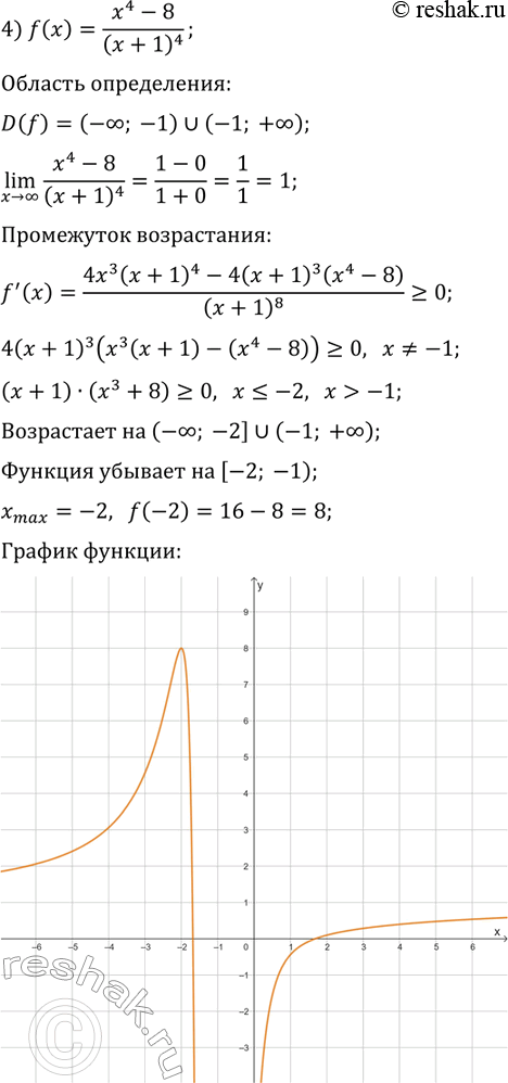 Решение задачи: 45.7. Постройте график функции: 1) f(x)=x+1/x; 3) f(x)=x^3/(x^2-4); 2) f(x)=(x^2+3x)/(x-1); 4) f(x)=(x^4-8)/(x+1)^4. *Цитирирование задания со ссылкой на учебник производится исключительно в учебных целях для лучшего понимания разбора решения задания.