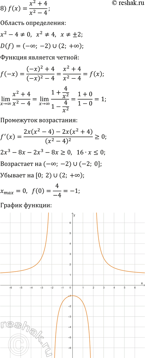 Решение задачи: 45.3. Постройте график функции: 1) f(x)=(4-x)/(x+2); 4) f(x)=(x^2-9)/(x^2-4); 7) f(x)=2(x-1)/x^2; 2) f(x)=2/(x^2-1); 5) f(x)=x/(4-x^2); 8) f(x)=(x^2+4)/(x^2-4). 3) f(x)=(6x-6)/(x^2+3); 6) f(x)=-2x/(x^2+1); *Цитирирование задания со ссылкой на учебник производится исключительно в учебных целях для лучшего понимания разбора решения задания.
