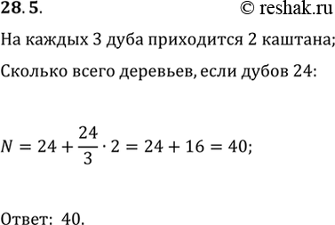 Решение задачи: 28.5. В парке посадили каштаны и дубы, причем на каждых 3 дуба приходилось 2 каштана. Сколько всего посадили деревьев в парке, если дубов посадили 24?