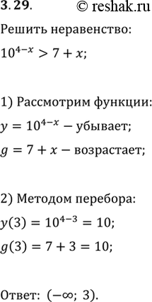 Решение задачи: 3.29. Решите неравенство 10^(4-x)>7+x.