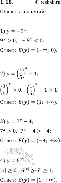 Решение задачи: 1.18. Найдите область значений функции: 1) y=-9^x; 2) y=(1/5)^x+1; 3) y=7^x-4; 4) y=6^(|x|). *Цитирирование задания со ссылкой на учебник производится исключительно в учебных целях для лучшего понимания разбора решения задания.