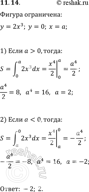 Решение задачи: 11.14. При каких значениях а площадь фигуры, ограниченной линиями y=2x^3, y=0 и x=a, равна 8? *Цитирирование задания со ссылкой на учебник производится исключительно в учебных целях для лучшего понимания разбора решения задания.