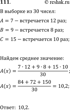 Решение задачи: 111. Некоторая выборка состоит из 30 чисел, среди которых число 7 встречается 12 раз, число 9 встречается 8 раз и число 15 встречается 10 раз.