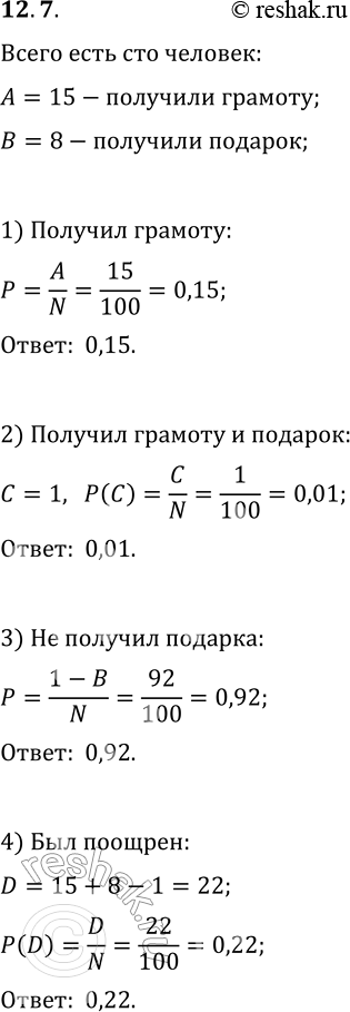 Решение задачи: 12.7. В конструкторском бюро работает 100 человек. По итогам года 15 на них получили почётные грамоты, а 8 человек — цепные подарки, причём один человек получил и грамоту, и ценный подарок.