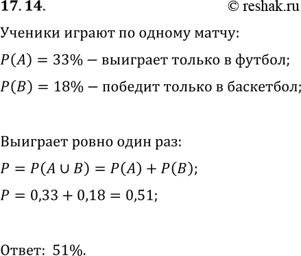 Решение задачи: 17.14. Ученики 10 и 11 классов решили сыграть между собой один матч в футбол и один матч в баскетбол. Вероятность того, что сборная команда 10 класса выиграет у команды 11 класса только в футбол, равна 33 %, только в баскетбол — 18 %.