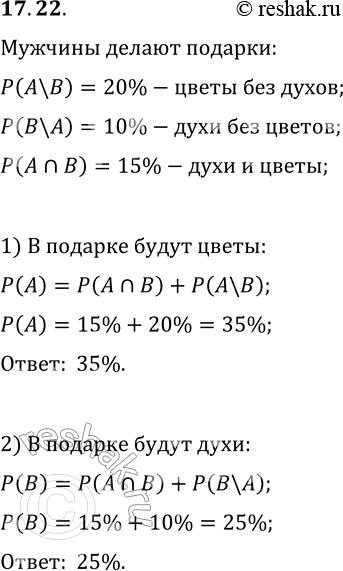 Решение задачи: 17.22. Мужчины дарят женщинам подарки на 8 Марта. Вероятность того, что женщина получит в подарок цветы и не получит в подарок духи, равна 20 %, духи без цветов — 10 %, цветы и духи вместе — 15 %.