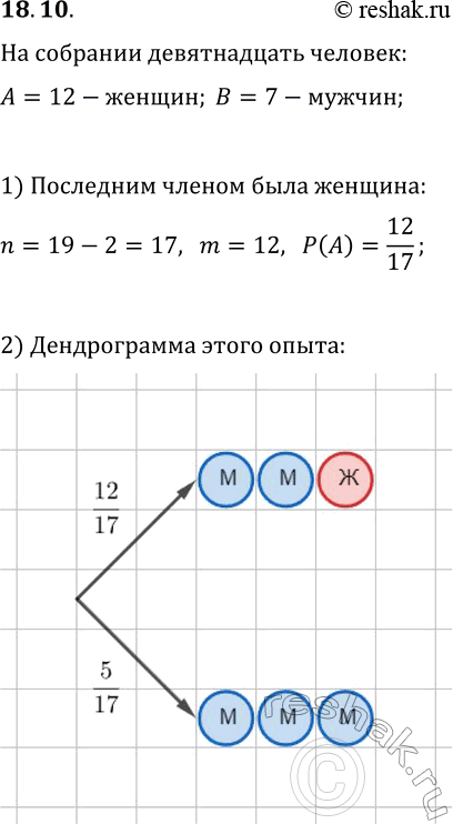 Решение задачи: 18.10. На собрании присутствуют 19 человек, из которых 12 женщин и 7 мужчин. Для подсчёта результатов голосования предлагается выбрать счётную комиссию из трёх человек.