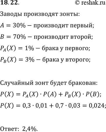 Решение задачи: 18.22. Два завода производят зонты. Первый завод производит 30%, а второй 70% всех зонтов. Вероятность купить бракованный зонт равна 1%, если он изготовлен на первом заводе, и равна 3%, если на втором.