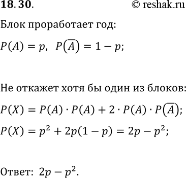 Решение задачи: 18.30. Электрический блок (рис. 18.10) работает безотказно в течение года с вероятностью р. Для увеличения надёжности электрический блок дублируют ещё одним таким же блоком так, что полученная система работает, когда работает, по крайней мере, один из блоков (рис.