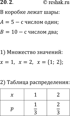 Решение задачи: 20.2. В коробке лежат 15 шаров, из которых пять шаров подписаны числом 1. а оставшиеся 10 шаров — числом 2. Из коробки наугад берут один шар и фиксируют число, написанное на этом шаре.