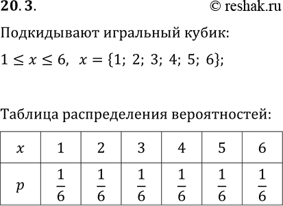Решение задачи: 20.3. Игральный кубик подбрасывают один раз и записывают число, выпавшее на кубике. Какую случайную величину изучают в этом испытании? Укажите множество значений и составьте таблицу распределения вероятностей этой случайной величины.
