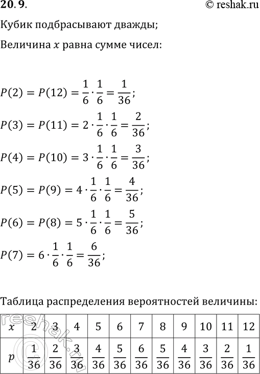 Решение задачи: 20.9. Игральный кубик подбрасывают два раза и записывают сумму чисел, выпавших на кубике. Какую случайную величину изучают в этом испытании? Составьте таблицу распределения вероятностей этой случайной величины.