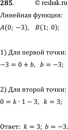 Решение задачи: 285. График функции y=kx+b пересекает оси координат в точках А(0; -3) и В(1; 0). Найдите значения k и b. *Цитирирование задания со ссылкой на учебник производится исключительно в учебных целях для лучшего понимания разбора решения задания.