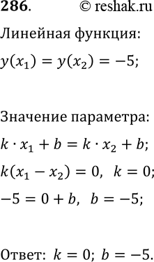 Решение задачи: 286. Все точки графика функции y=kx+b имеют одинаковую ординату, равную -5. Найдите значения k и b. *Цитирирование задания со ссылкой на учебник производится исключительно в учебных целях для лучшего понимания разбора решения задания.