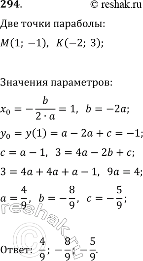 Решение задачи: 294. Парабола y=ax^2+bx+c имеет вершину в точке M(1; -1) и проходит через точку K(-2; 3). Найдите значения коэффициентов а, b и с.